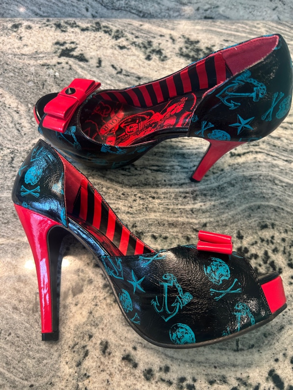Iron Fist Black and Red Peep-Toe High Heels with Teal Accent - Picture 2 of 4